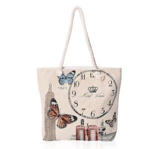 Tote Bag Jute London Pattern Butterflies Off White